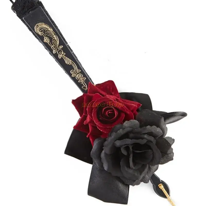 31BF 로리타 팬 고딕 빅토리아 여성 레이스 핸드 팬 빈티지 블랙 레드 로즈 고스 팬 할로윈 코스프레 파티 액세서리