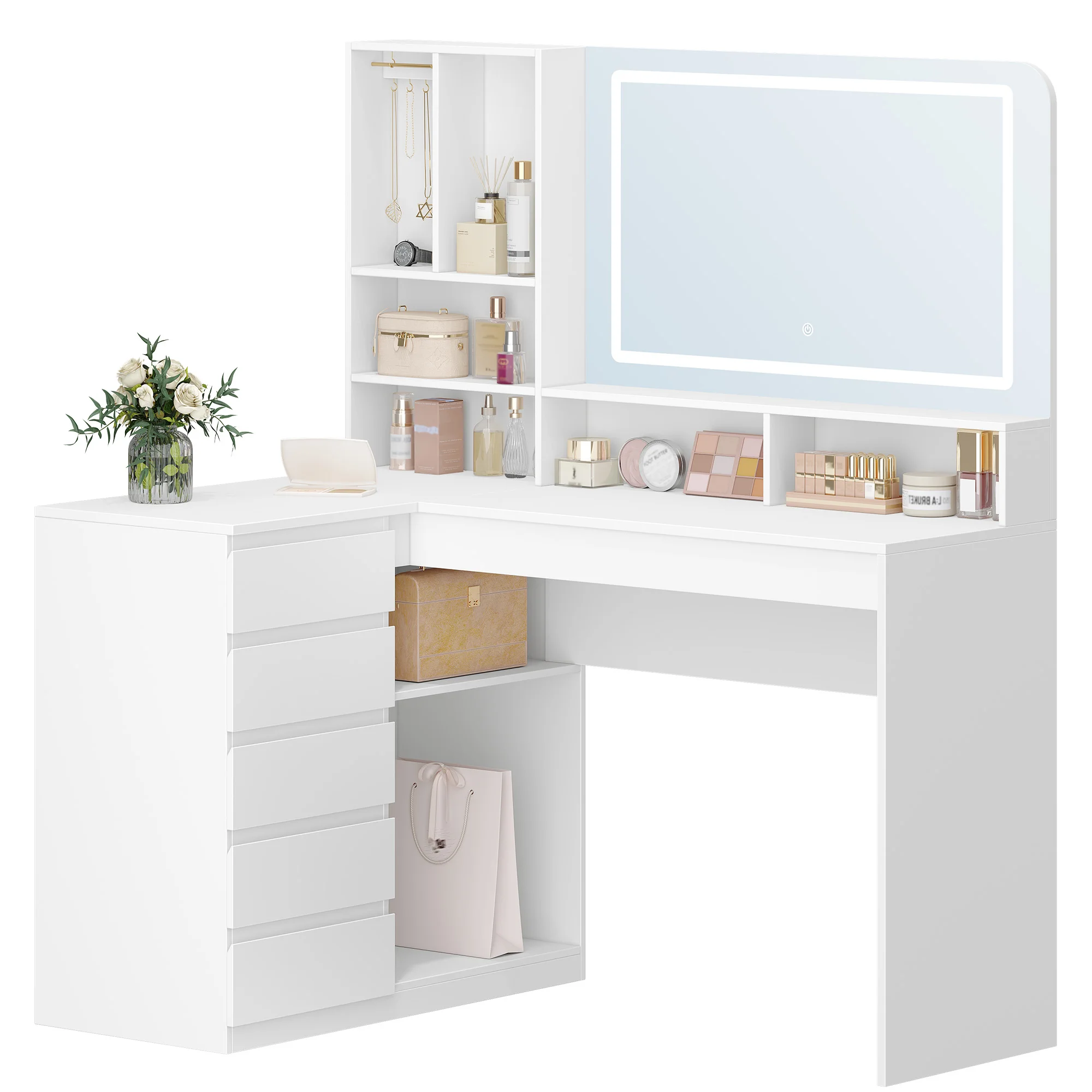 Kaptafel met grote spiegel, LED-verlichting, L-vormige hoek make-uptafel, met laden en open vakken - afbeelding 2