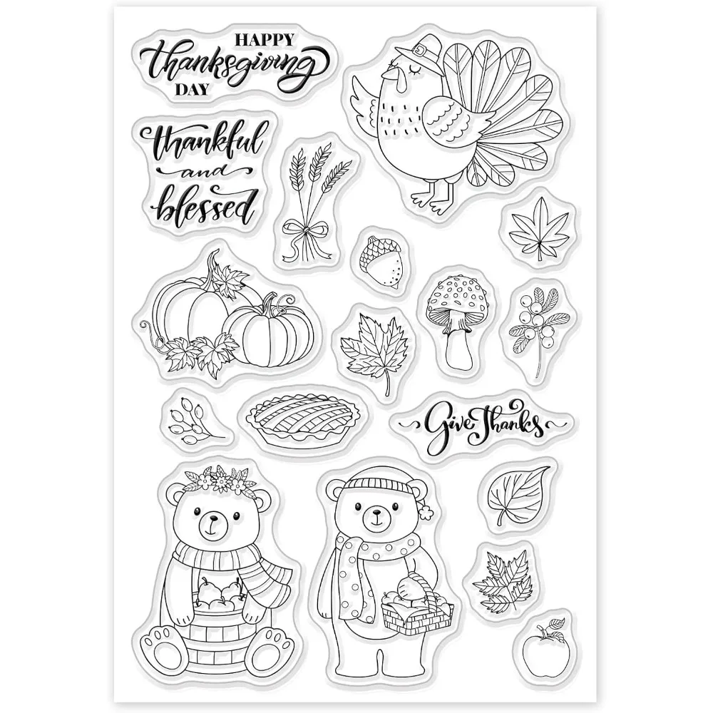 Thanksgiving Clear Stamps Transparent Silicone Stamp Bear Chicken Pumpkin Mushroom Wheat Ear for Card Making Decoration and