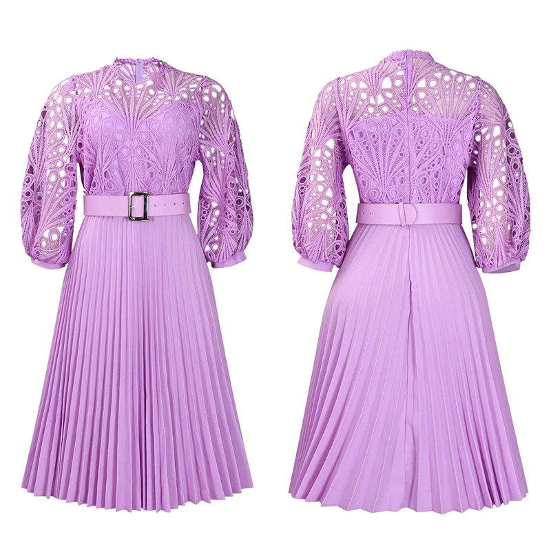 Seksowna Sukienka na Bal Urodzinowy dla Celebrytek z Bufiastymi Rękawami i Dekoltem O, Elegancka Sukienka Koronkowa z Kwiatowym Wzorem na Imprezę, do Klubu, na Noc, z Plisami i Ażurowymi Wstawkami