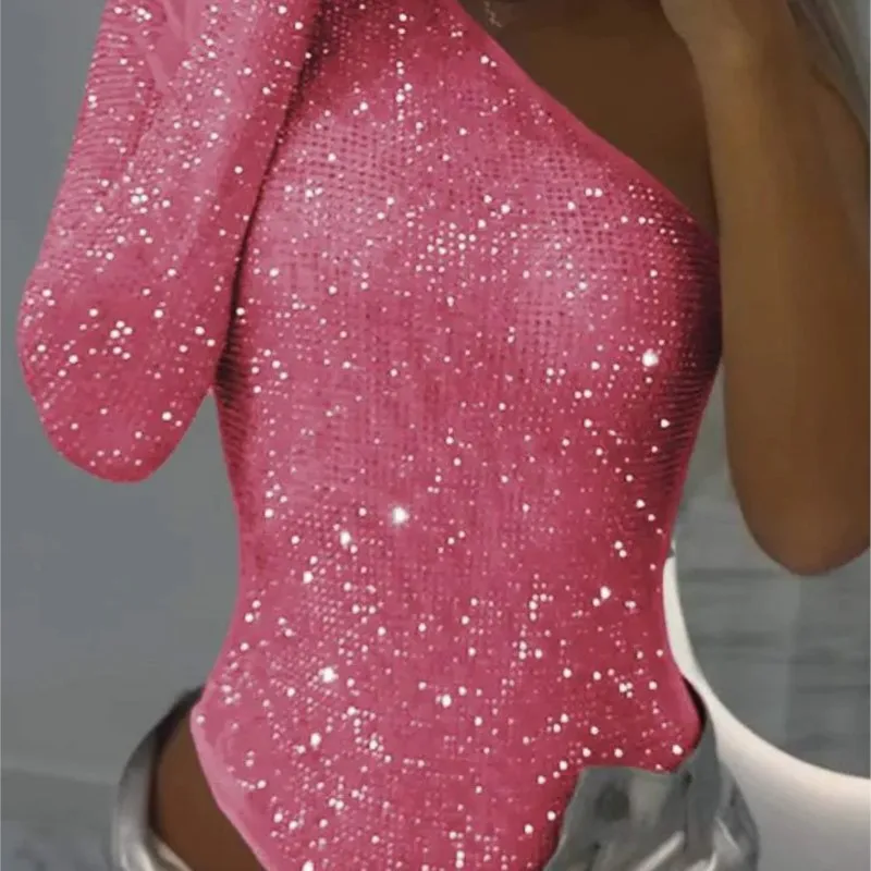 

Sexy Spring Summer Clothes Fashionable Slim-fitting Nightclub Style Clothes Tight Slanted Shoulders Rhinestone Sequined Tops