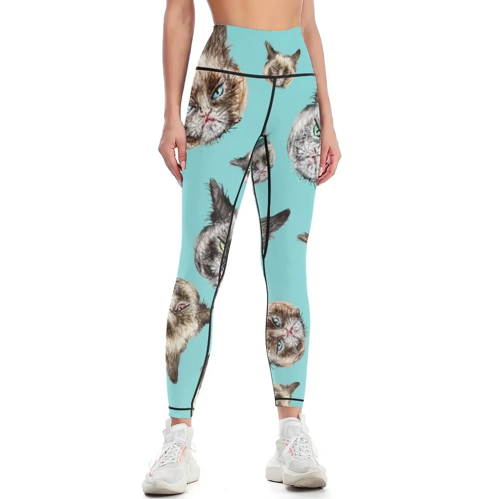 

Cats in Turquoise Blue Leggings gym's clothing Sports pants woman legings for fitness sport pants Womens Leggings