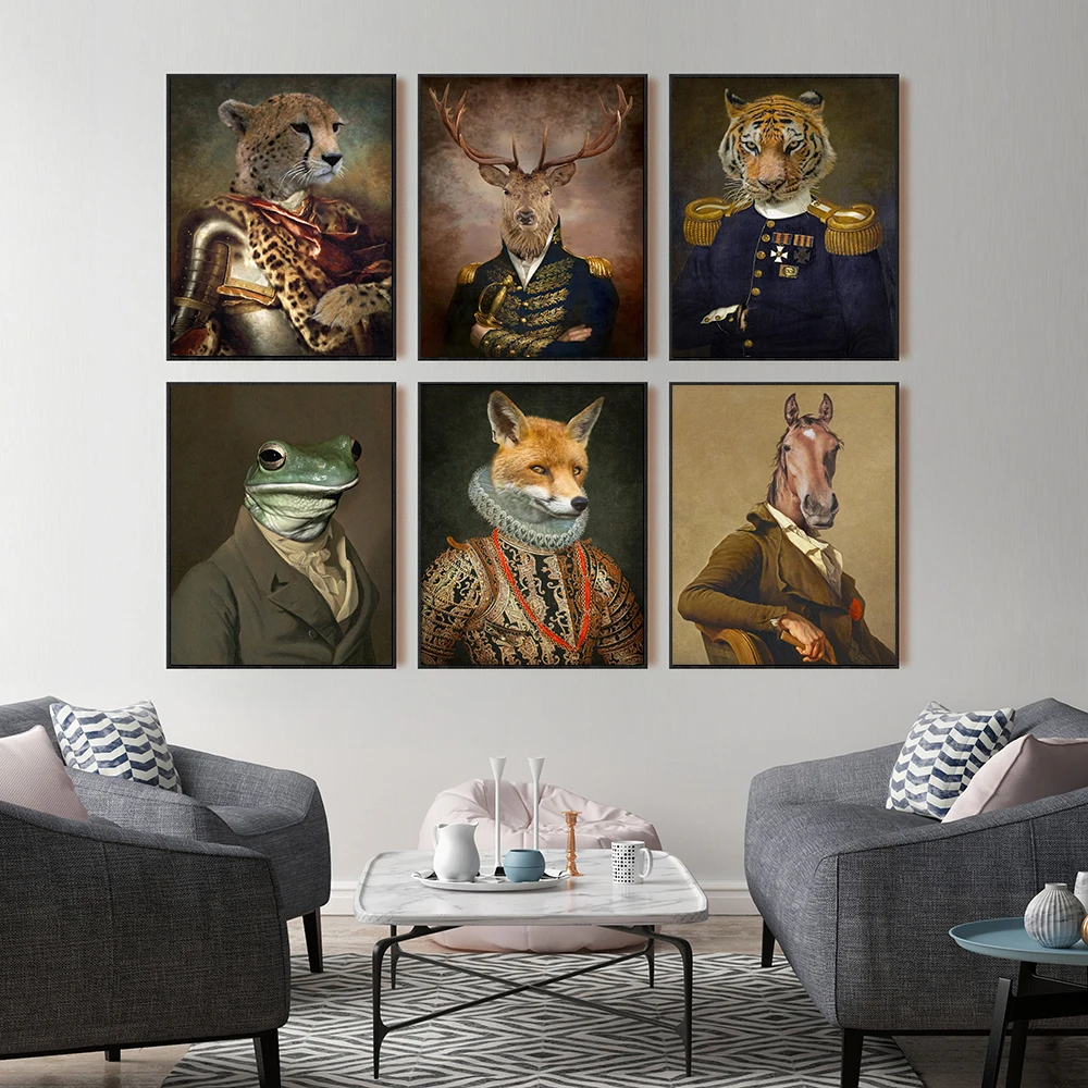 

Vintage Animal Head Human Body Canvas Painting Nordic Poster Cheetah Tiger Horse Frog Deer Portrait Print Wall Art Picture Decor