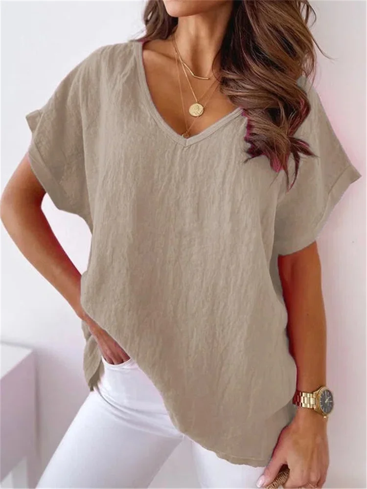 Women\'s Summer Vintage Linen Cotton Oversized T-Shirt Tops Female Casual Short Sleeve Loose V Neck Blouse T-Shirts Streetwear