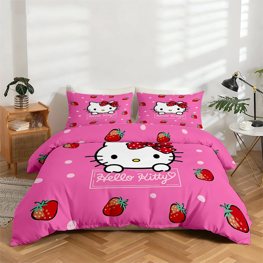 3-Piece High-Definition Digital Print Bedding Set Hello Kitty Strawberry Polka Dot Pattern Duvet Cover Set, Large Floral Duvet Cover Set Includes 1 Duvet Cover + 2 Pillowcases, Suitable for Bedroom, Guest Room, Home Decoration, Polyester Fiber Duvet Cover + Pillowcase, Ultra-Soft Bedding, Thick Fabric, Suitable for All Seasons, Machine Washable