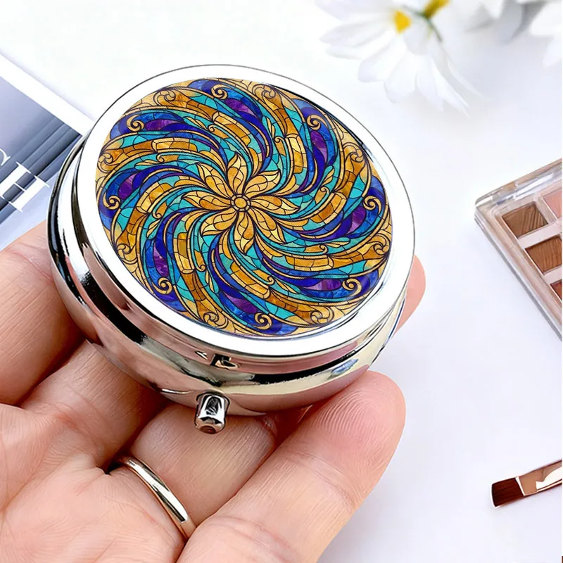 Portable Metal Pill Box, Round Three-Compartment Pill Box, Painted Glass Mosaic Floral Mandala Pattern, Mini Travel Vitamin Storage Box, Storage Container, Unique Decorative Gift, Suitable for Handbags or