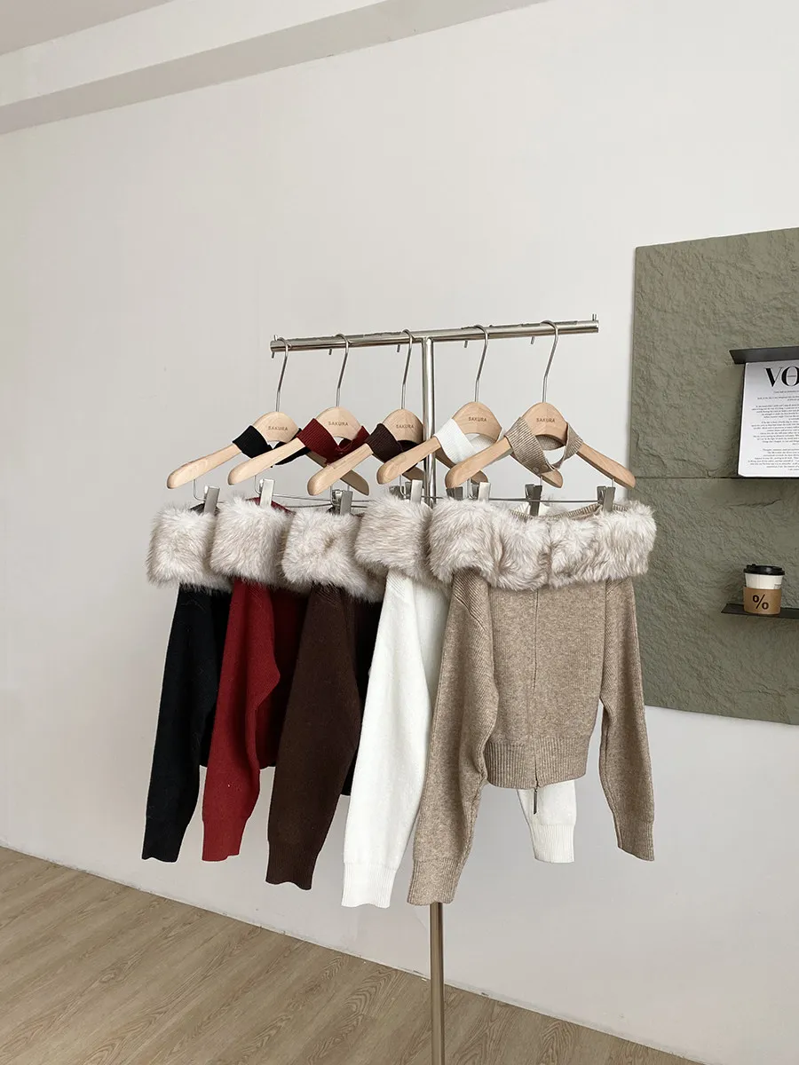 

2026 Spring Korean Style Pure Desire Fashionable Knitted Sweater with Fur Collar One Shoulder Design Women's Slimming Top