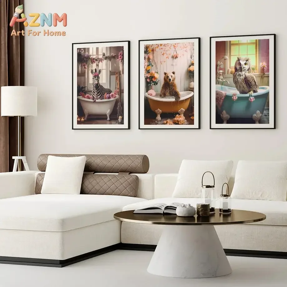 Funny Bathroom Humor Zebra Giraffe Lion Pig Dog Cat Cattle Penguin Owl Wall Home Decor Toilet Poster Art Print Canvas Painting