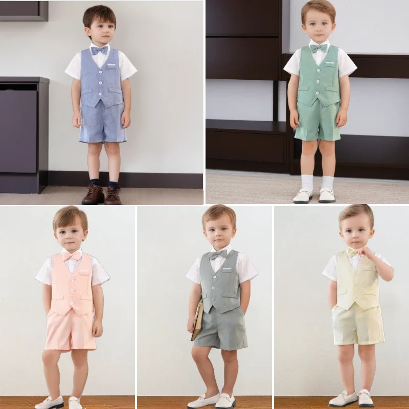 Boys 3-Colors Vest Shorts Suit Set with Bow Tie, Kids Elegant Formal Outfit for Wedding, Party, Performance & Summer Daily Wear