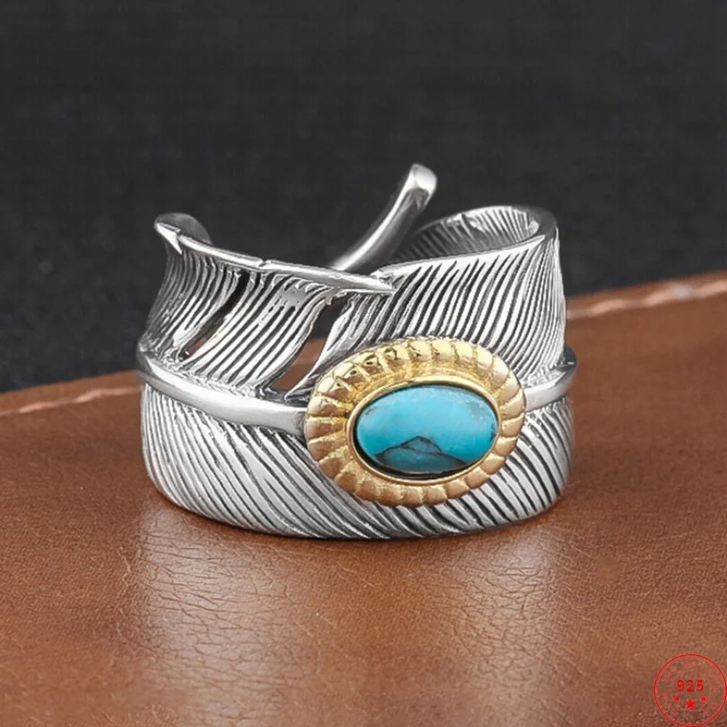 S925 Sterling Silver Charms Rings for Men Women Contrast Colored Feather Inlaid Turquoise Ethnic Style Jewelry Wholesale