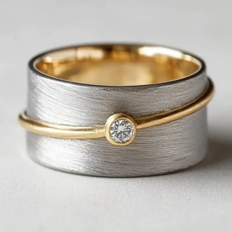 Ethnischer, mit weißen CZ-Steinen besetzter Damenring, minimalistisch, zweifarbig, geometrisch, für den täglichen Gebrauch, Partyschmuck, Jubiläumsgeschenk