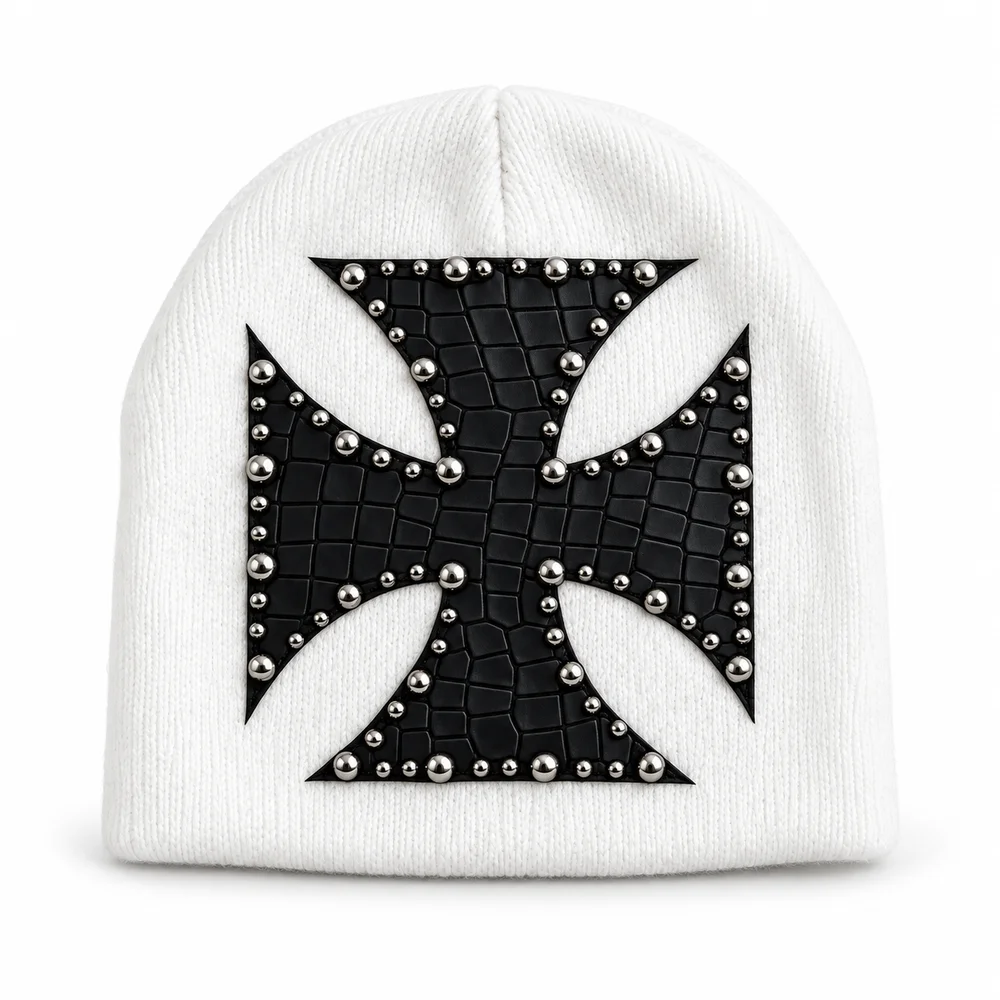 Unisex Knit Slouch Beanie Studded Cross Patch Warm Streetwear Hat Warm Foldable Winter Streetwear Accessory