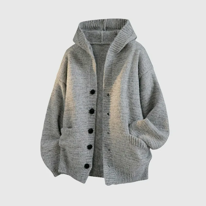 KIDWHXR Kapuzenpullover für Herren, Herbst, locker geschnitten, einfarbig, einreihig, gestrickter Mantel, einfacher Langarm-Cardigan mit Taschen, lässiger Herrenpullover. – Detail 4