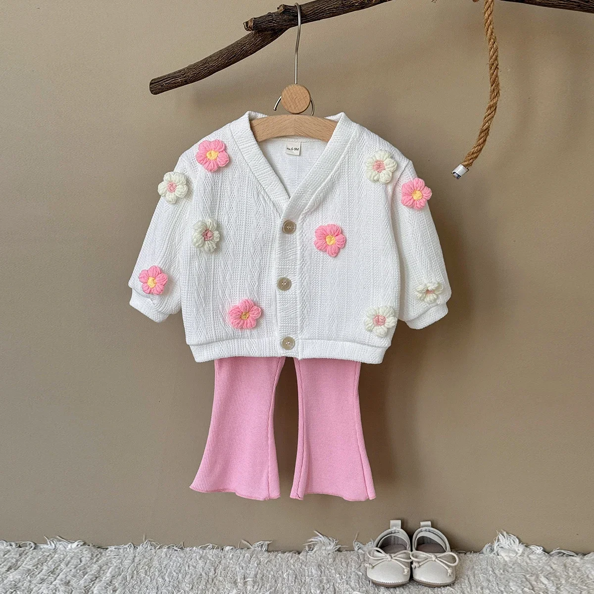 

Baby Girls Three-dimensional Small Flower Knitted Button Sweater Jacket+Pink Bell Bottom Pants Toddler Outfit