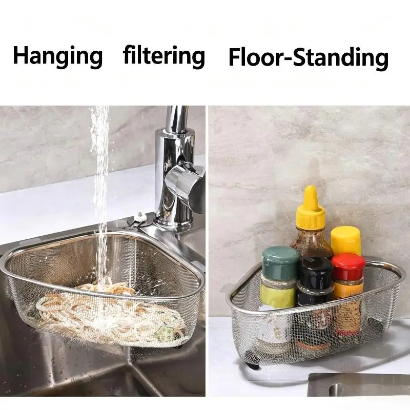 Stainless Steel Sink Triangle Drain Basket Kitchen Residue Filter Vegetable Washing Storage Shelf
