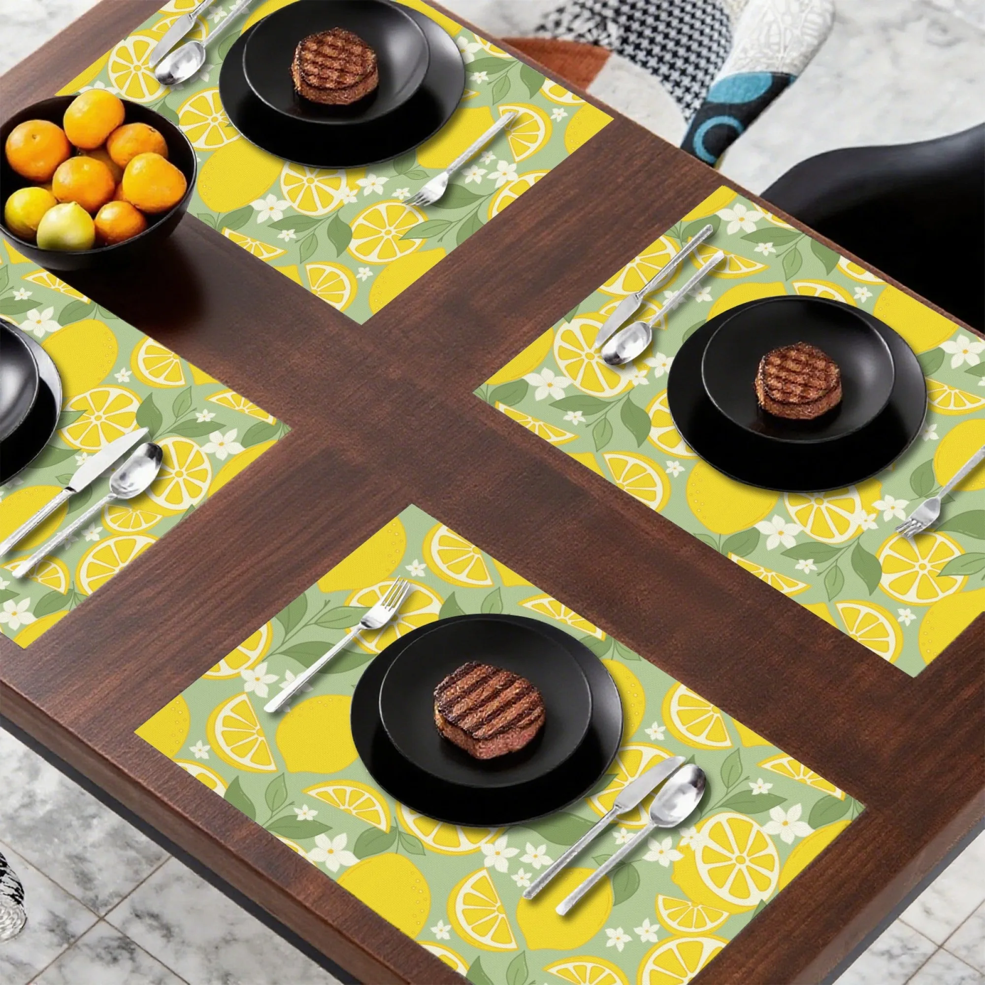 الصيف بعد الظهر وقت الشاي وجبة خفيفة تحديد الموقع الضوء الأخضر الليمون الأخضر ورقة وزهرة بيضاء عناصر الكرتون ديكور المطبخ حصيرة