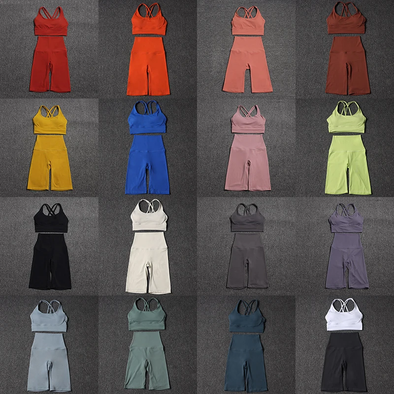 Nylon Yoga Set Gym Two Piece Sets Womens Bra Top Women Cycling Shorts Sport Fitness Sportswear 45 Colors Womens Clothing