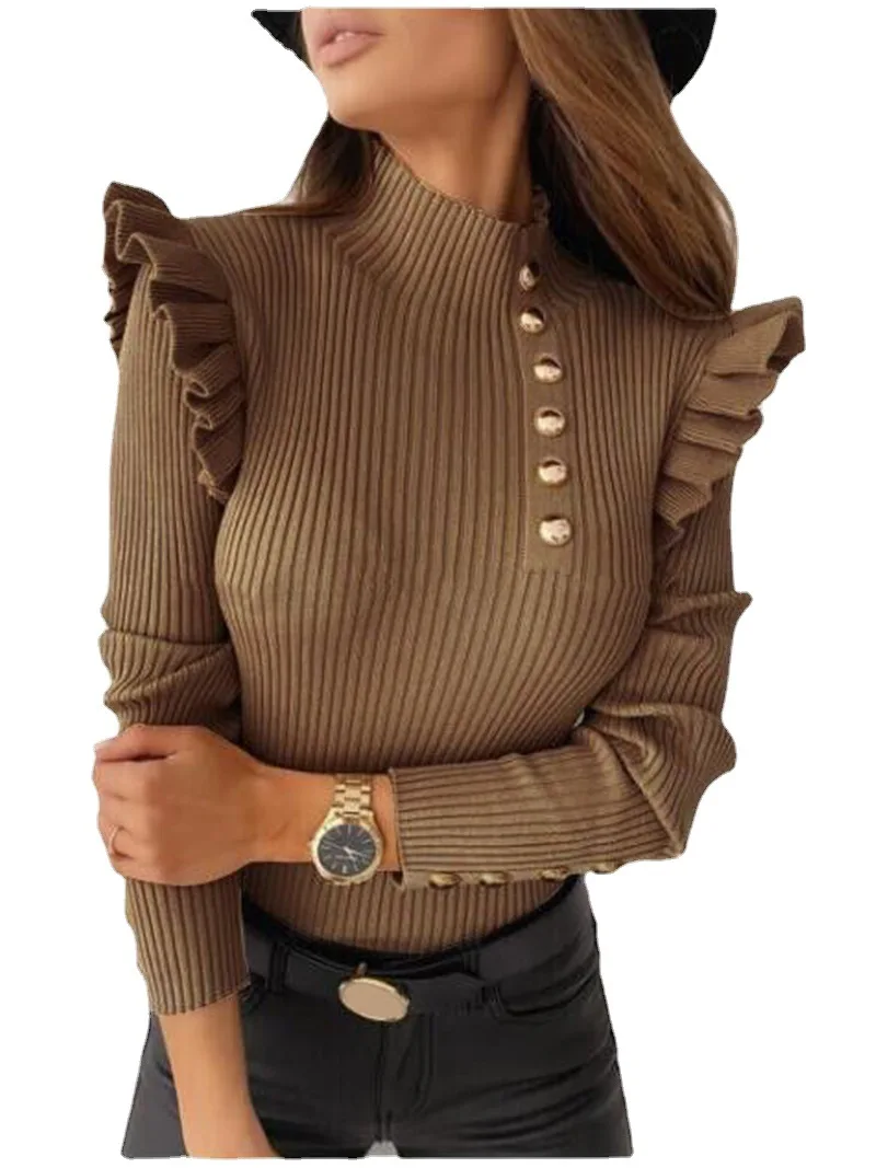 

Women Sweater Spring Autumn Fashion Elegant Turtleneck Buttons Ruffle Knitted Pullover Slim Long Sleeve Office Lady Casual Top