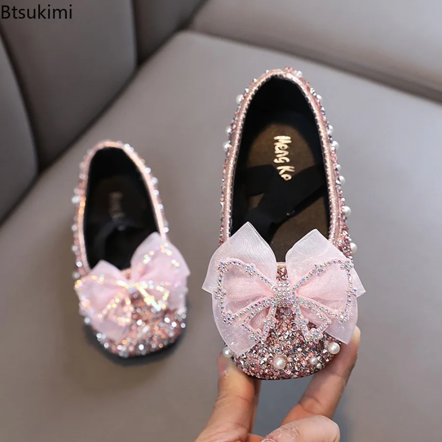 2026 Girls Fashion Princess Shoes Glitter Luxury Party Single Shoes 21-36 Elastic Band Fashion Lace Bowknot Kids Dance Shoes