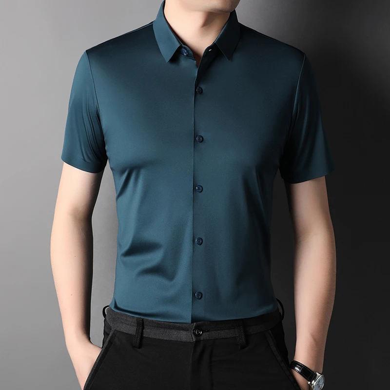 MLSHP High Elasticity Summer Men\'s Shirts Luxury Short Sleeve Solid Color Seamless Business Casual Male Dress Shirts 4XL