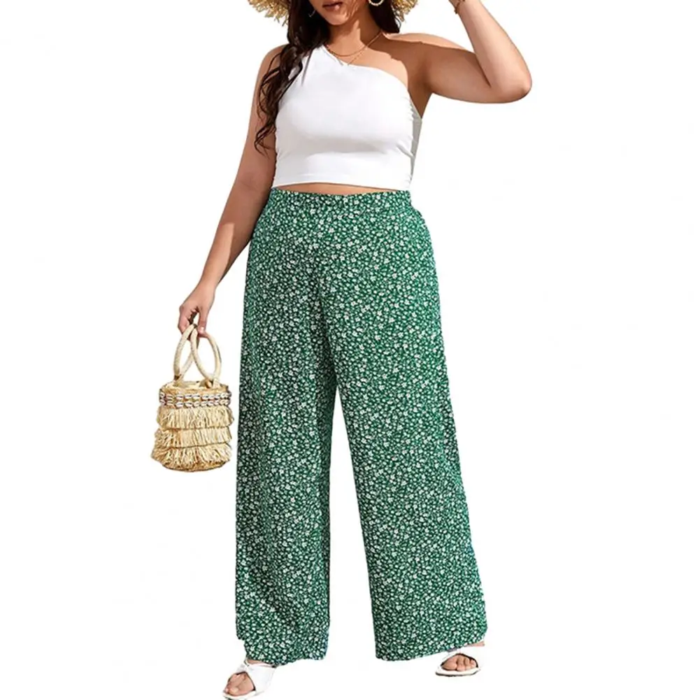 Plus Size Women Pants Elastic Waist Wide Leg Flower Print High Waist Polyester Loose Casual Women Long Trousers Streetwear