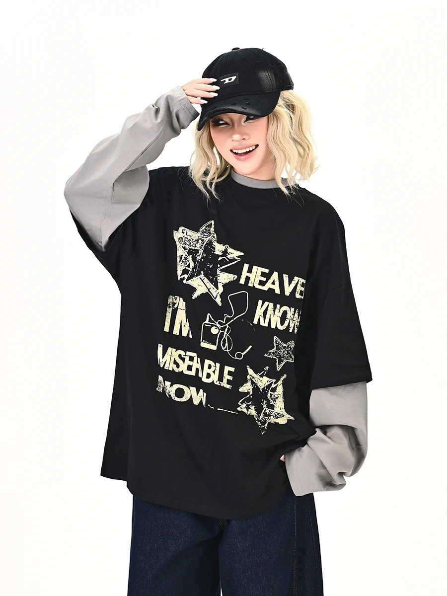 

Свободная женская футболка Long Sve Bla Star Print Street Sle, осенний новый модный брендовый топ Moisture ng round Nine