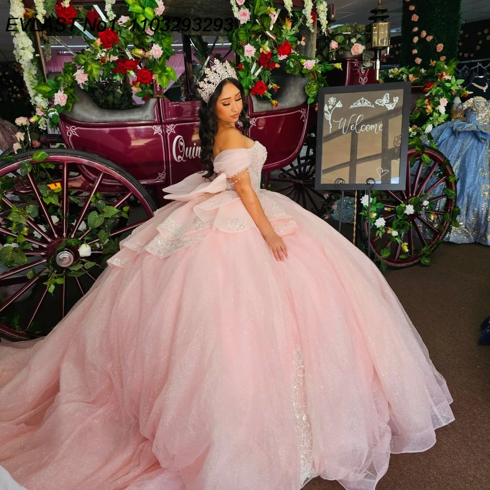 فستان Quinceanera وردي سباركلي مخصص من EVLAST فستان حفلة مزين بالترتر والدانتيل مطرز بالخرز الحلو 16 فيستدوس دي 15 أنوس E1QN674