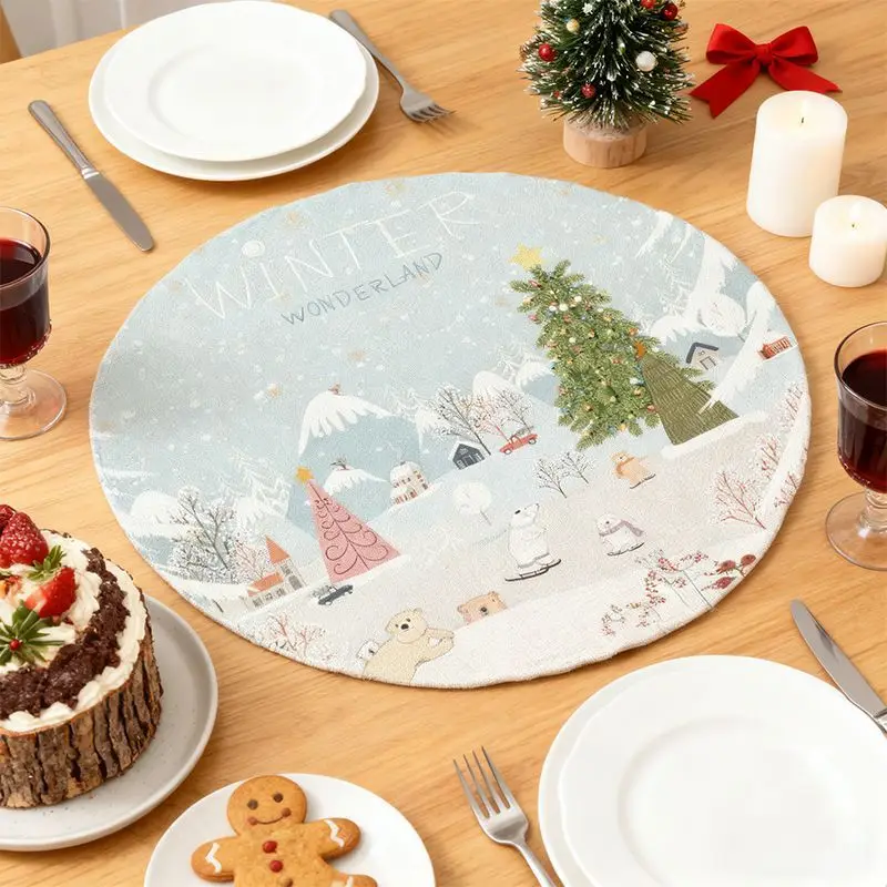 VIKAMA Light Blue Round Winter Wonderland Town Polar Bear Christmas Linen Placemat Table Mat Dining Decor Kitchen Soft Durable