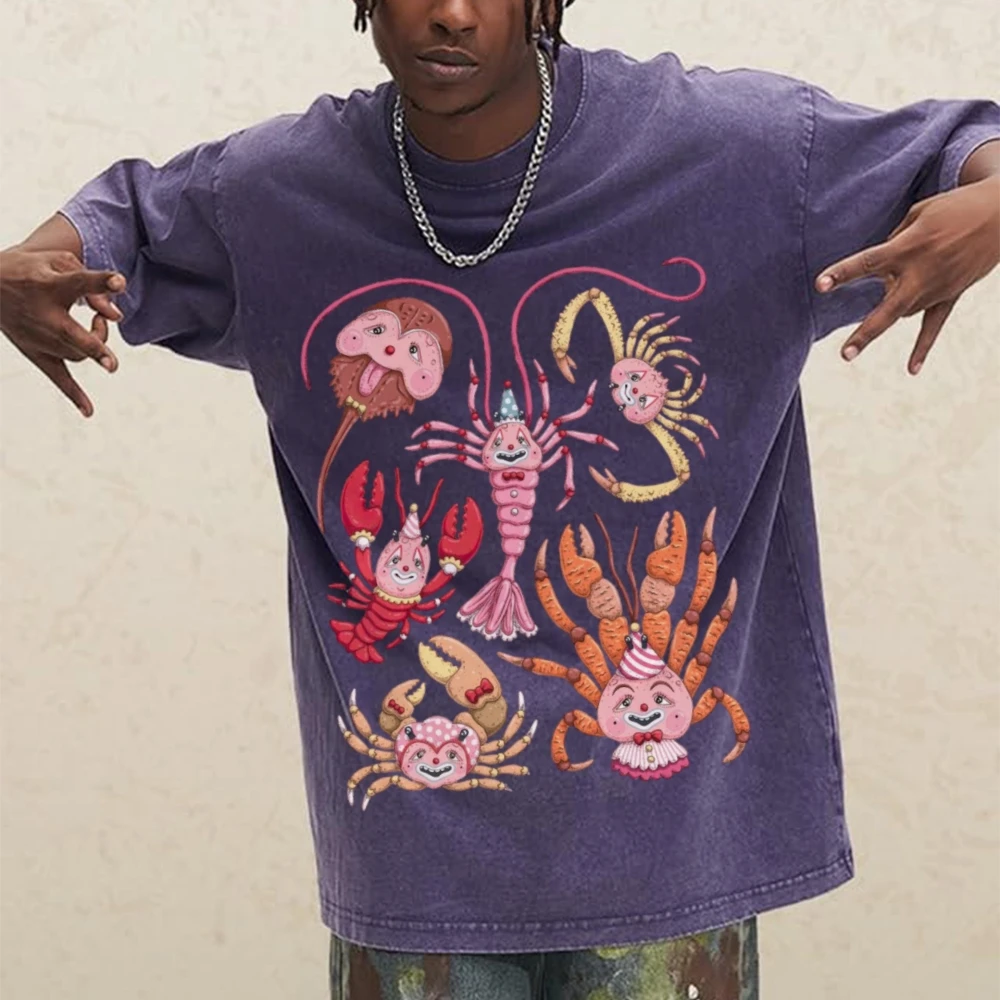 Cartoon Lobster Graphict-Shirt Summer Men's Casual Cotton Top Hip-Hop Street Short-Sleeved Retro Y2k Style Women's Tee Oversize