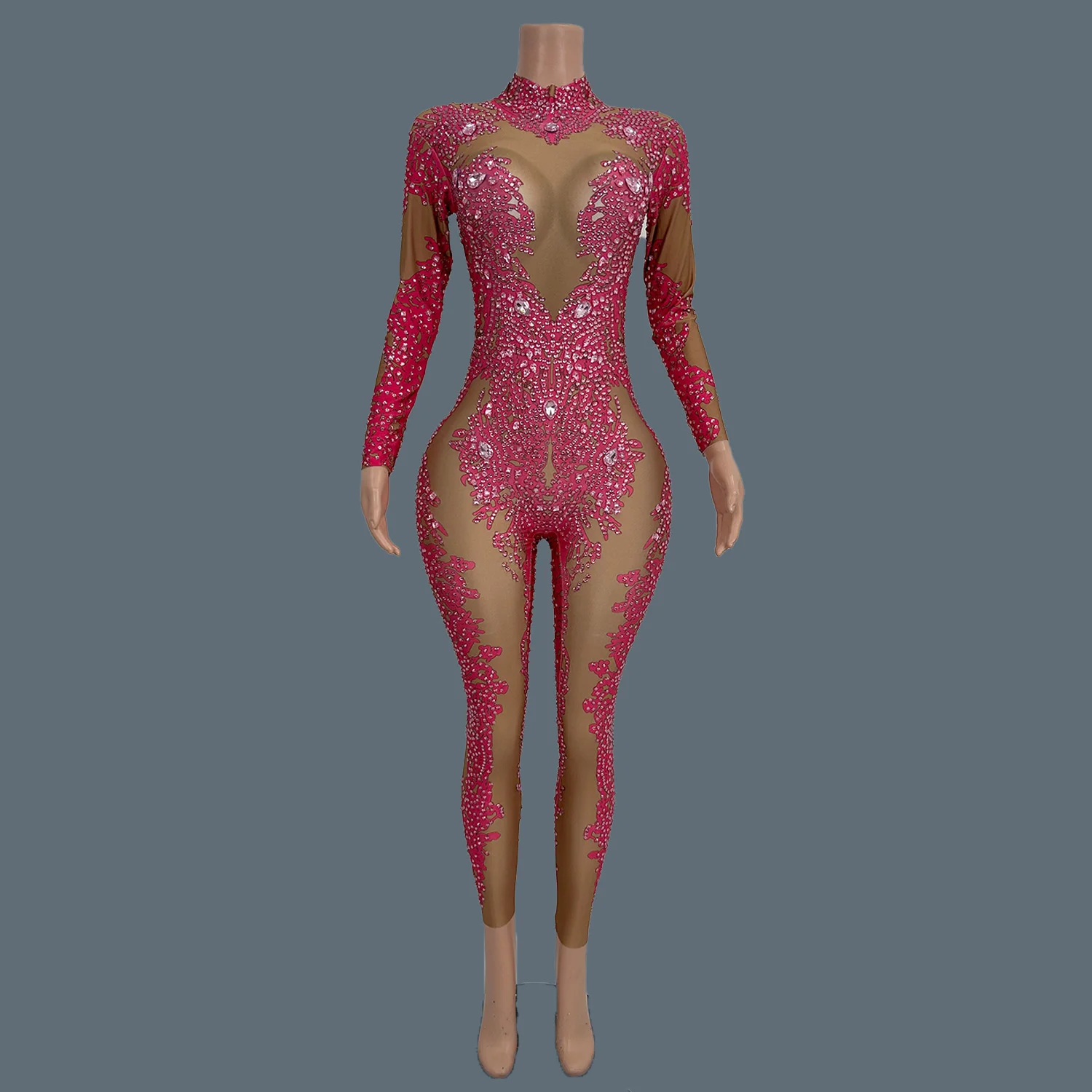 

Shine Pink Rhinestones Jumpsuit for Women Sexy Spandex Performance Dance Costume Nightclub Elastic Jumpsuit Stage Wear Fenputao