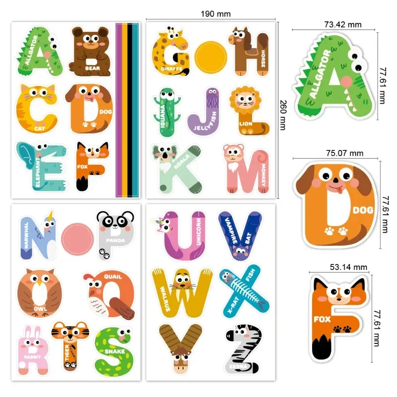 4 Stuks 26 Letters Kleurrijke Waterdichte Cartoon Dieren Engelse Vroege Jeugd Leren Klaslokaal Versierde Brief Stickers