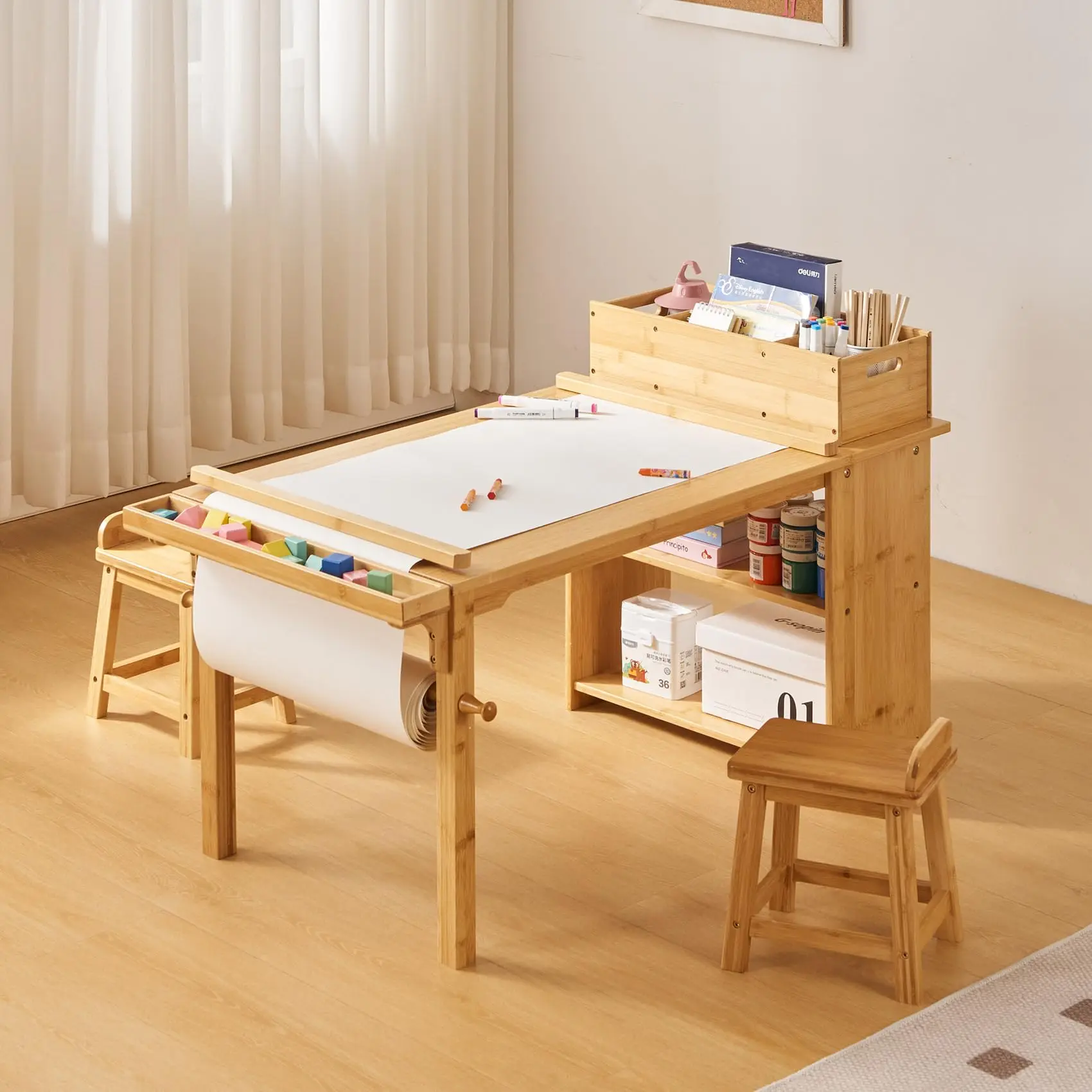 O Art Table and Chair Set with Paper Roll Holder (Nature)
