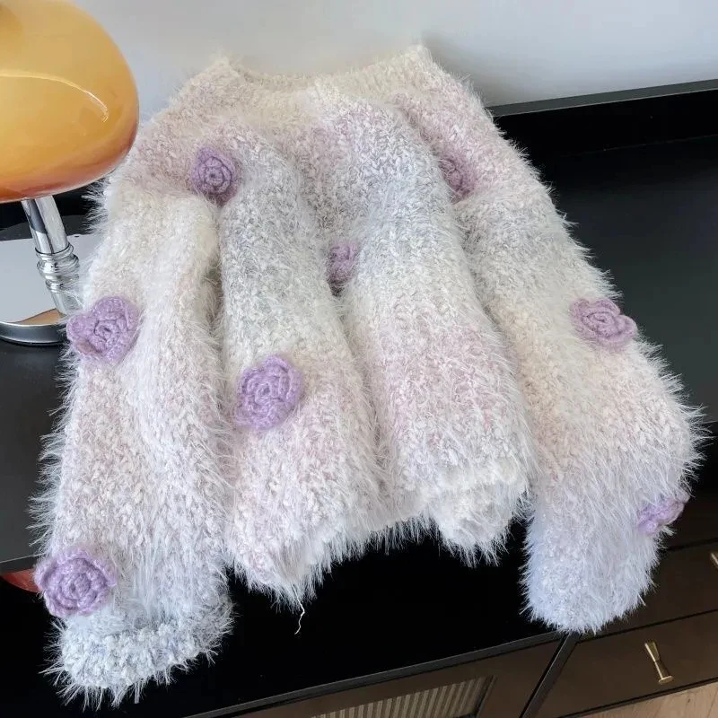 

Модный градиентный вязаный свитер из искусственного норкового флиса, женский осенний повседневный пуловер с 3D цветочным украшением, корейский свободный универсальный джемпер