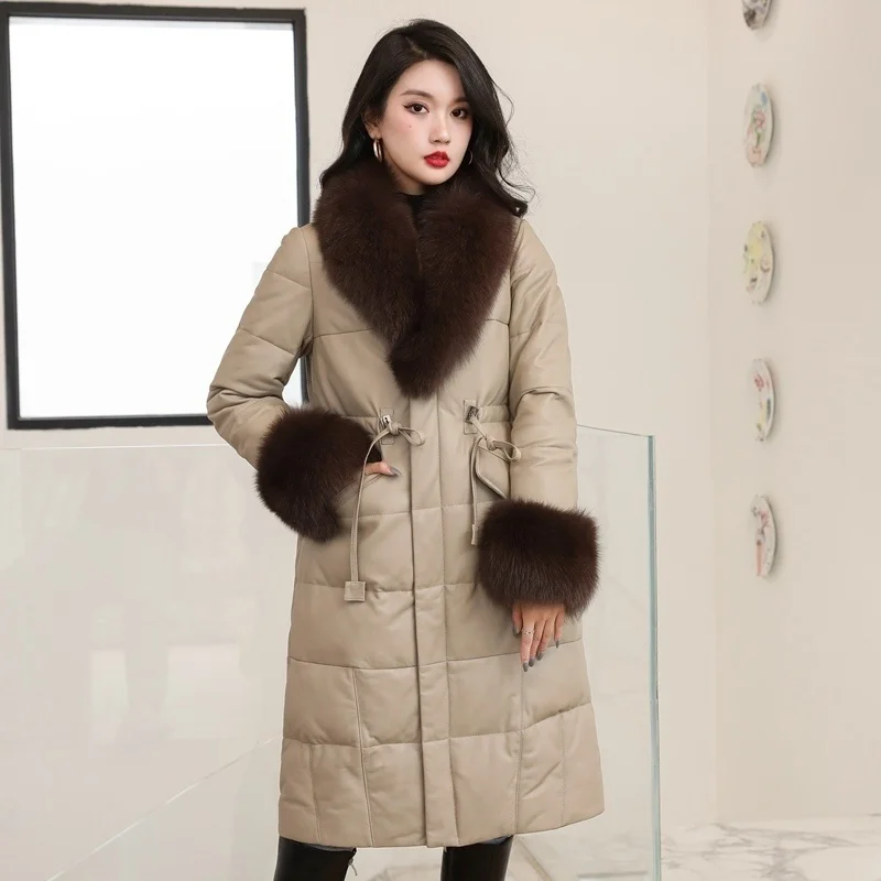 2023 New Fashion Real Sheepksin Leather Jackets Women Fox Fur Collar Female Jacket 90% White Duck Down Women's Coats F