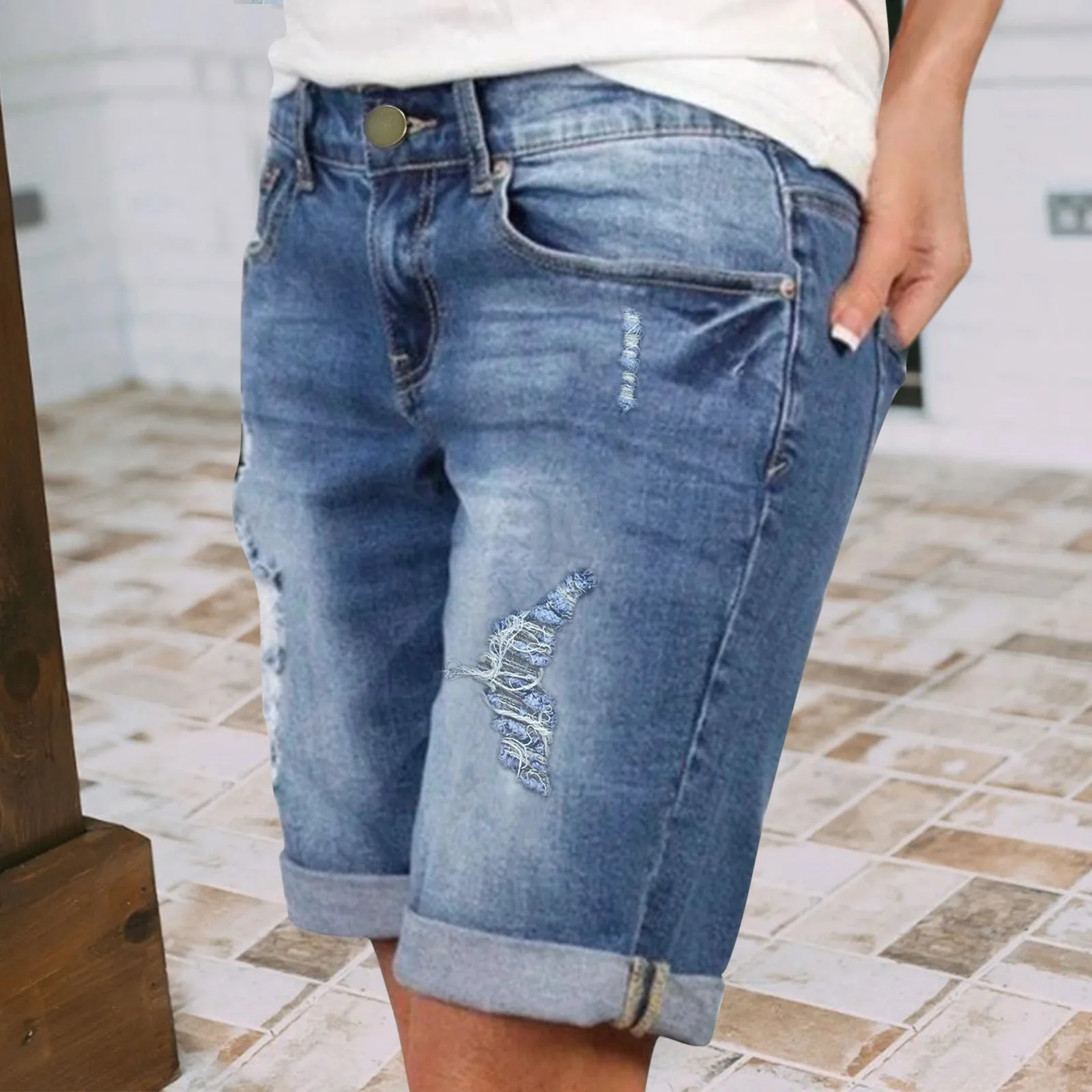 

Blue Denim Shorts Vintage Ripped Jeans Shorts For Women With Pocket Summer Button Female Short Pants Pantalones Cortos