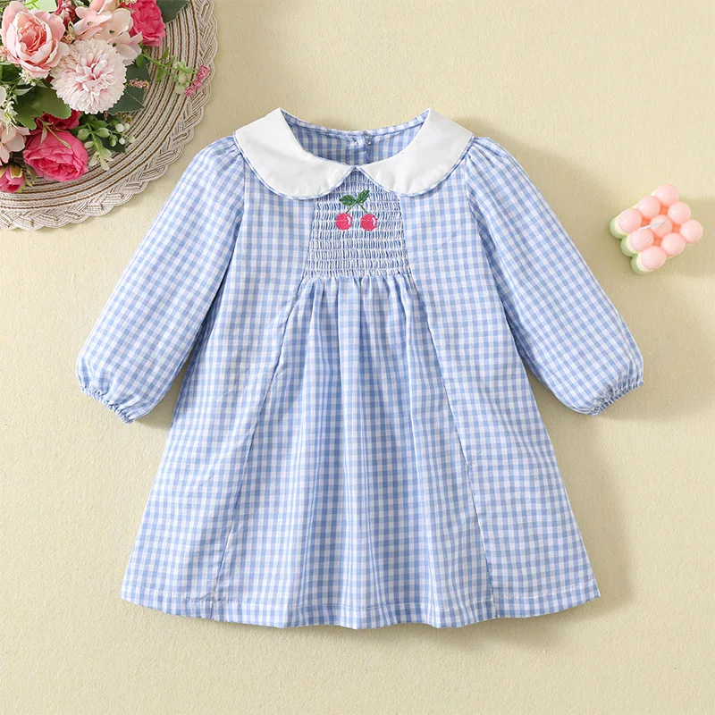 

2025 Spring Girls' Dress with Lace Trim Cherry Embroidery Princess Style Peter Pan Collar Long Sleeve Toddler Outfit for Kids