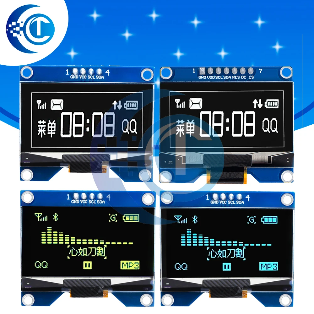 1.54 inch 4PIN 7PIN White Blue Yellow OLED Screen Module CH1116 / SSD1309 Drive IC Compatible for SSD1306 SPI Interface