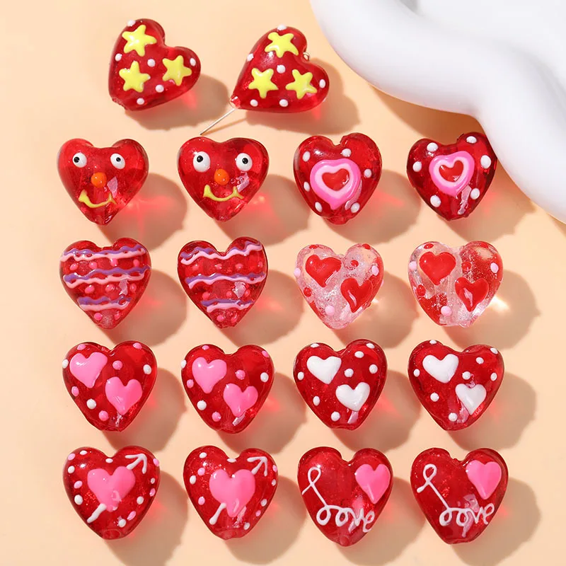 TX76 20mmx19mm 2pcs Glass Petite Heart Beads DIY Straight Hole Making Heart Love Red Dot Handmade Bracelet Material Gift Girl