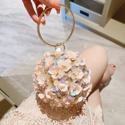 Mini Sequin Flower Evening Bag, Elegant Dinner Clutch Purse, Formal Round Banquet Handbag For Wedding Party Prom