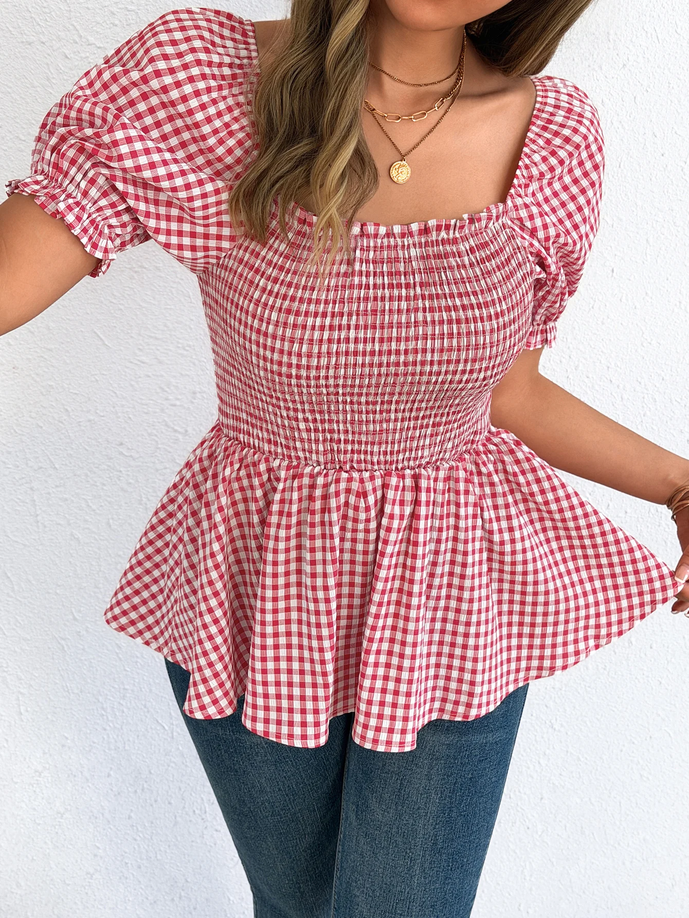Eleganter Damen-Pullover mit Karomuster, Quadratischem Ausschnitt und Gerafften Kurzen Ärmeln für Sommerurlaub, Modische Freizeitkleidung