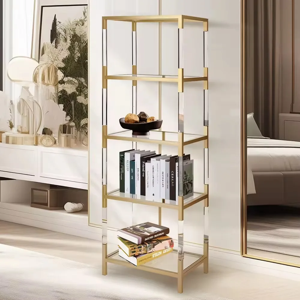 Light luxury acrylic floor bookshelf Household transparent tempered glass stainless steel display shelf