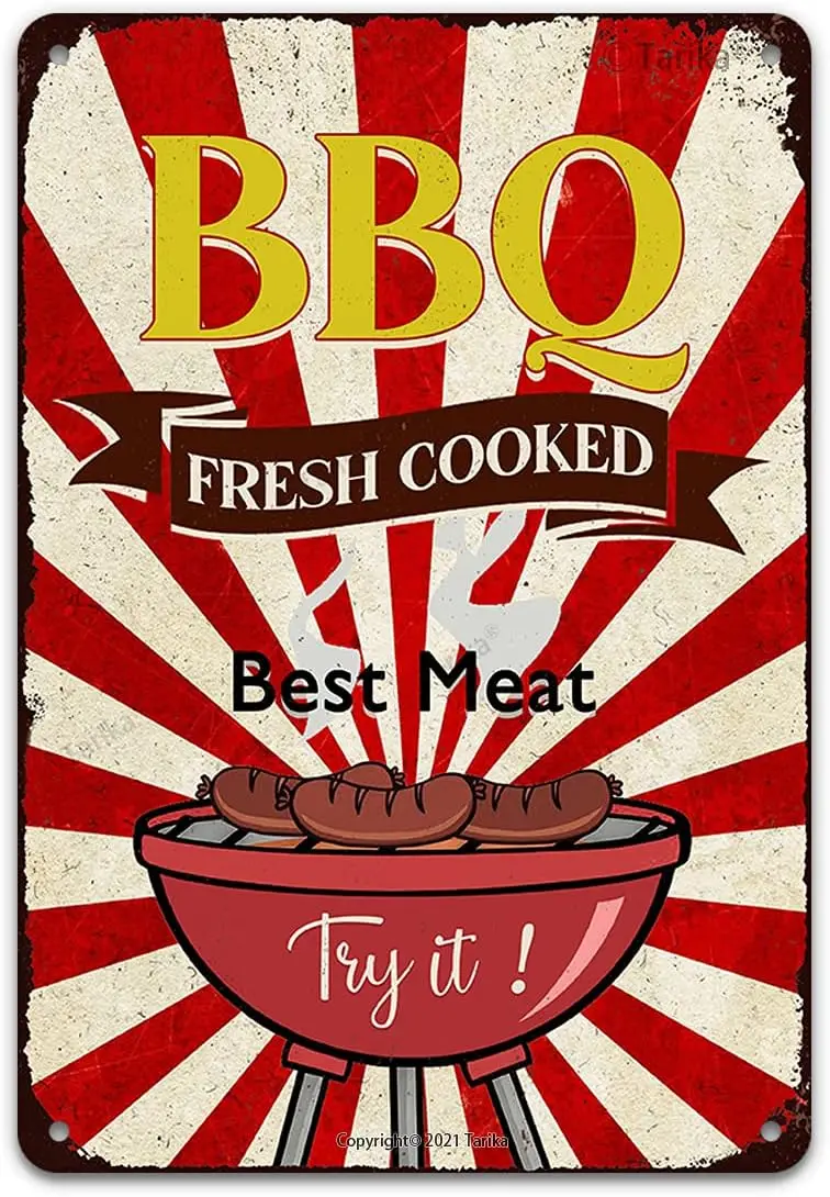 BBQ Fresh Cooked Best Meat Vintage Tin Sign, Retro Art Metal Wall Decor Hanging Plaque 8x12 Inches for Home Barbecue Bar Pool Ba