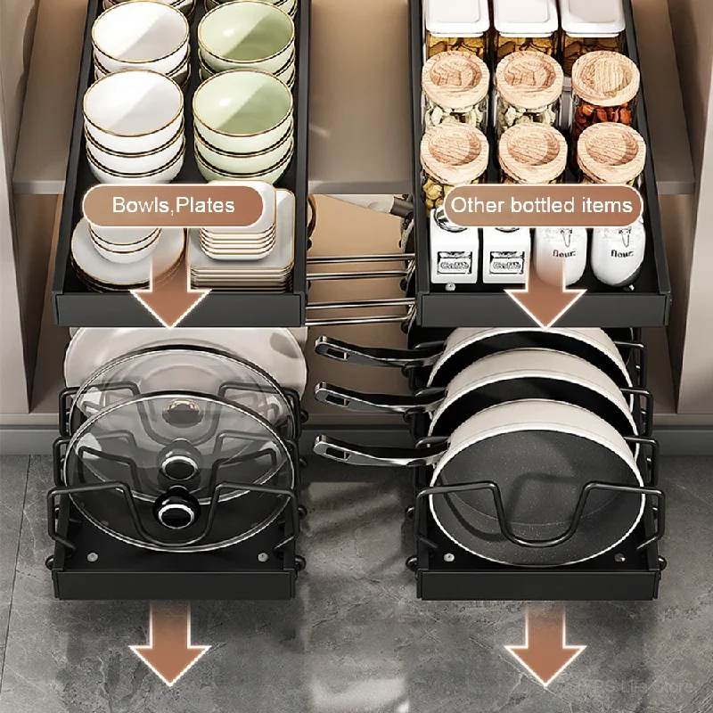 Sliding Drawer Pot and Pan Organizer for Under Cabinet - Pull Out Tray with 8 Adjustable Dividers for Cookware and Lids