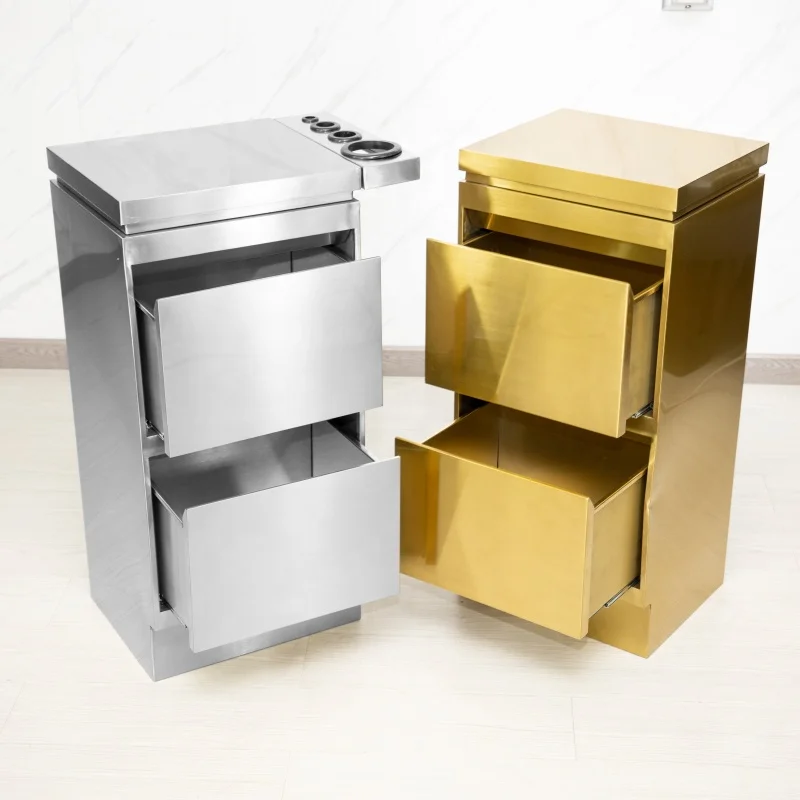 Beauty Hairdressing Barbers Salon Station Cabinet 2 Drawer Stainless Steel Gold Cabinet Stylish