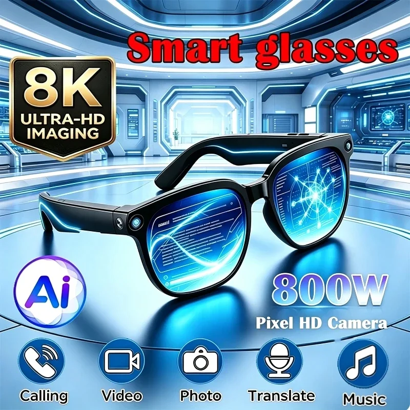 Smart AI Glasses 800W HD 8K Shooting Camera Photo Video Voice Call Translation Waterproof Bluetooth AI Motorcycle Glasses