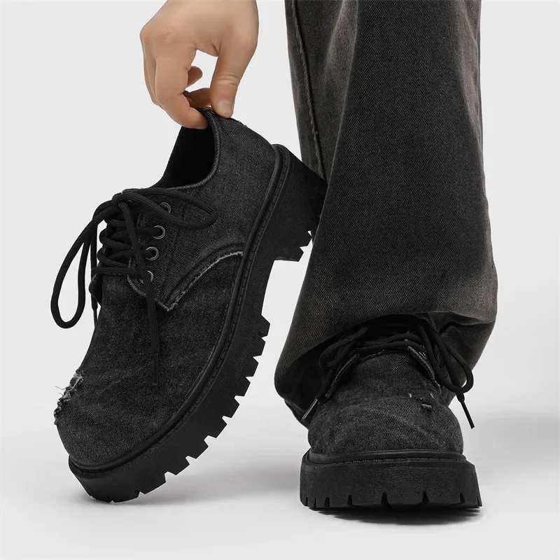 

Leather Shoes for Men, Autumn New Style, Worn Denim Fabric Board Shoes, Fashionable Big Toe Thick Soled Casual Leather Shoes