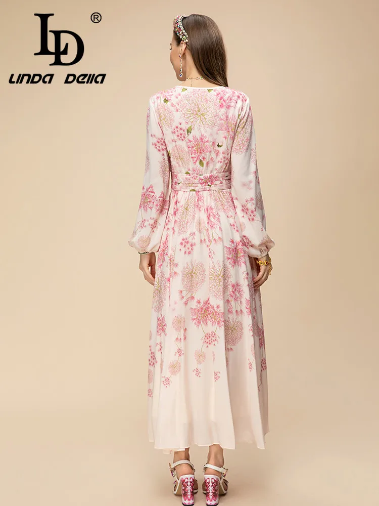 LD LINDA DELLA 2023 New Style Runway Designer Vintage Dress Women\'s Round Neck Elastic Waist Print Draped Slim Fit Chiffon Dress