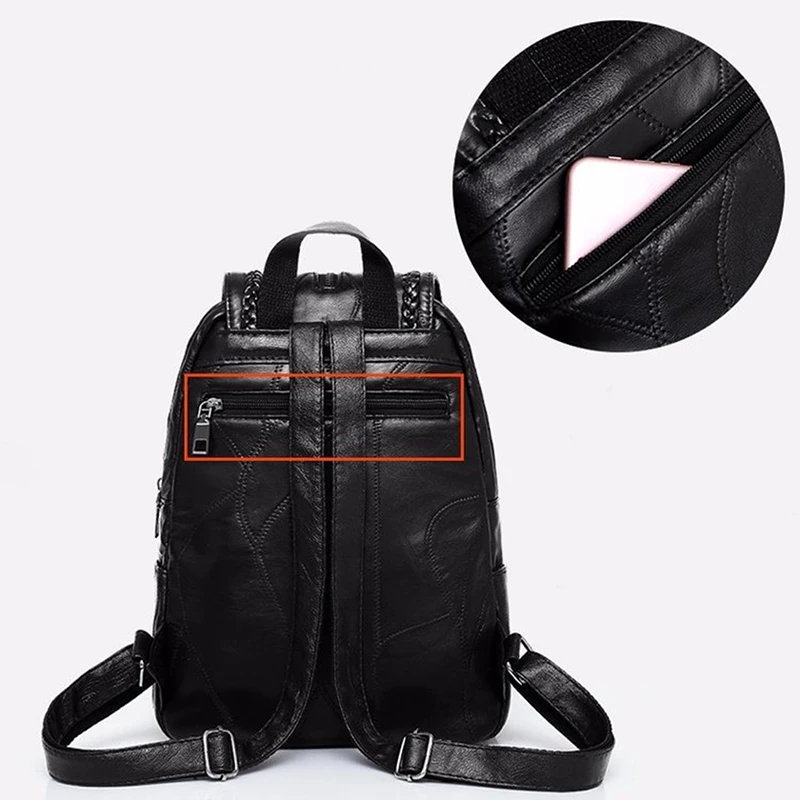 Mochila escolar de cuero PU para mujer, bolso de hombro de viaje impermeable, negro clásico, multifunción