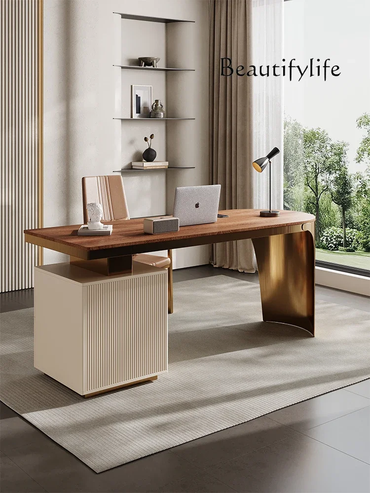 Solid wood light luxury home study computer desk designer simple high-end stainless steel desk