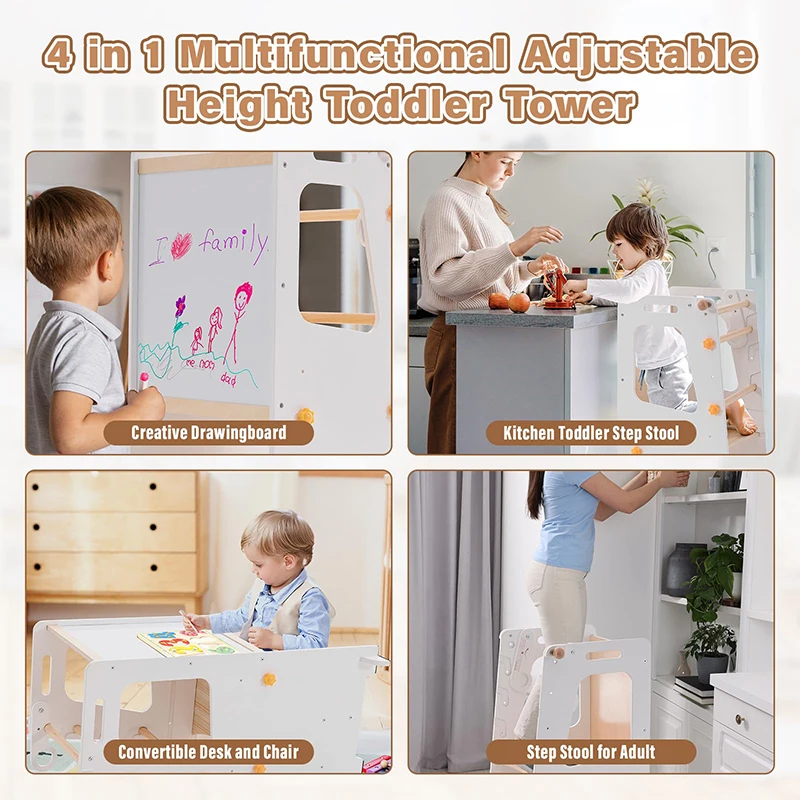 Montessori Wooden Kitchen Helper Step Learning Tower Modern Design Entry Level Adjustable Height for Kids